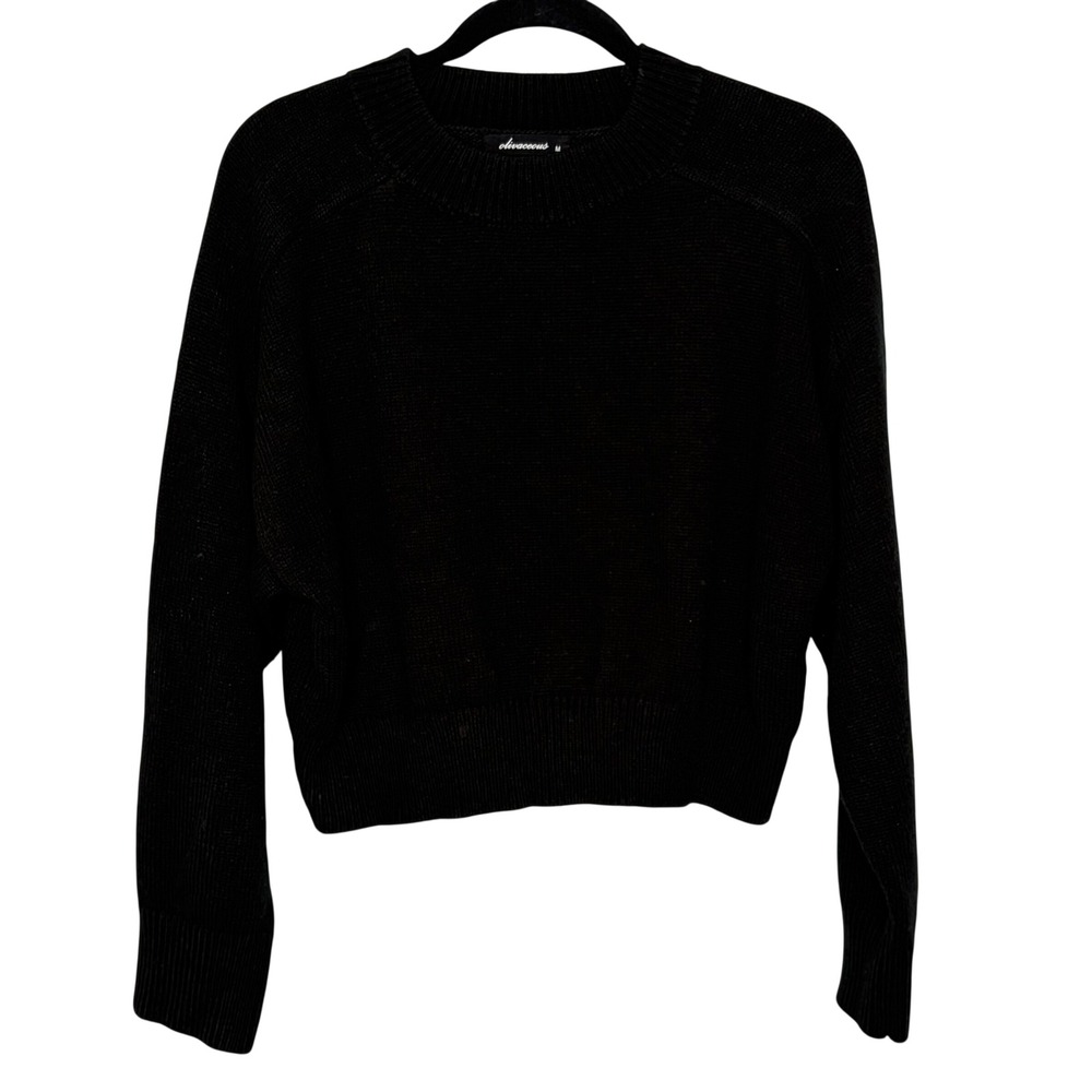 Olivaceous Black Sweater Medium Balloon Sleeve Crew Neck Minimalist